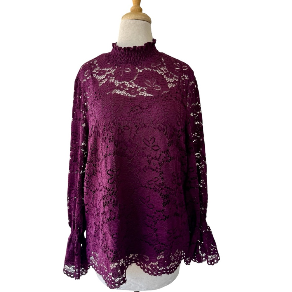 ADRIANNA PAPELL Purple Lace Peasant Blouse Sz XL Stretch with Cami 2pc Boho EUC